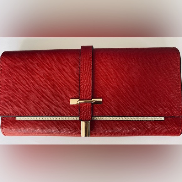 Women Callaghan tri-fold cowhide split leather wine red and creamy white clutch - Picture 12 of 12